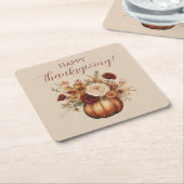 Thanksgiving-Waterverf Pompoen en Bloemen- Kartonnen Onderzetters (Schuin)