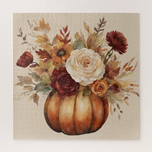 Thanksgiving-Waterverf Pompoen en Bloemen- Legpuzzel (Verticaal)