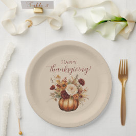 Thanksgiving-Waterverf Pompoen en Bloemen- Papieren Bordje