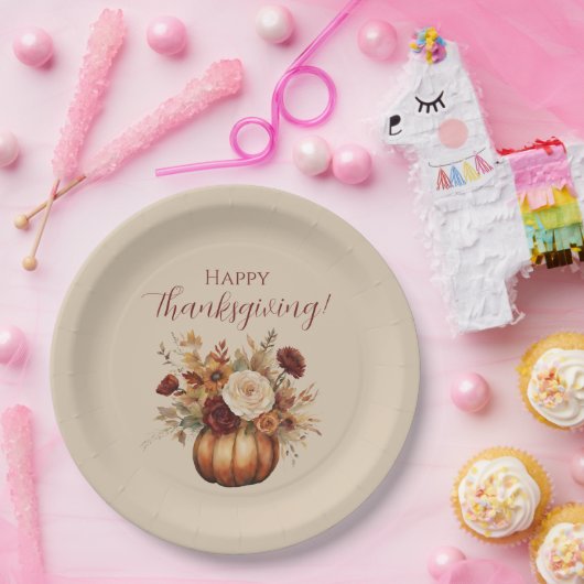 Thanksgiving-Waterverf Pompoen en Bloemen- Papieren Bordje (Feest)