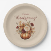 Thanksgiving-Waterverf Pompoen en Bloemen- Papieren Bordje (Voorkant)