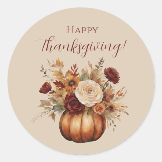 Thanksgiving-Waterverf Pompoen en Bloemen- Ronde Sticker (Voorkant)