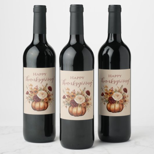 Thanksgiving-Waterverf Pompoen en Bloemen- Wijn Etiket (Flessen)
