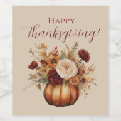 Thanksgiving-Waterverf Pompoen en Bloemen- Wijn Etiket (Enkel label)