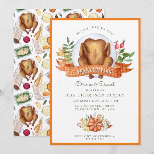 Thanksgiving Waterverf Turkije Binnenuitnodiging Kaart (Voorkant / Achterkant)