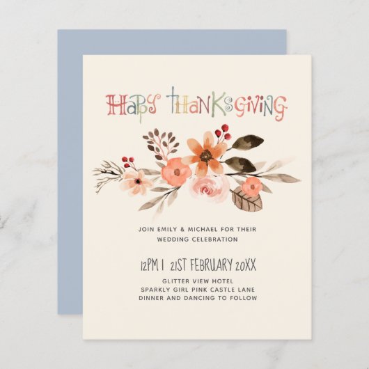 Thanksgiving Wedding Invitting Dusty Blue Oranje (Voorkant / Achterkant)