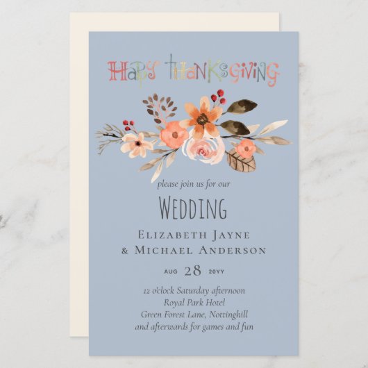 Thanksgiving Wedding Invitting Dusty Blue Oranje (Voorkant / Achterkant)