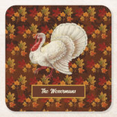 Thanksgiving Wit Turkije Herfstbladeren Monogram Kartonnen Onderzetters (Voorkant)
