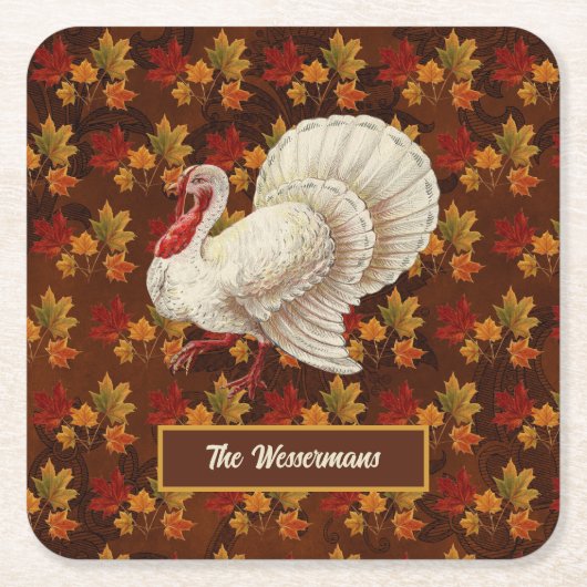 Thanksgiving Wit Turkije Herfstbladeren Monogram Kartonnen Onderzetters (Voorkant)