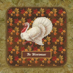 Thanksgiving Wit Turkije Herfstbladeren Monogram Kartonnen Onderzetters
