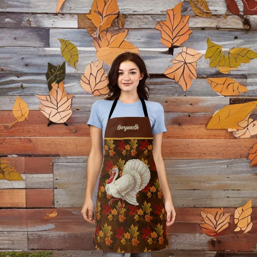 Thanksgiving Wit Turkije Herfstbladeren Monogram Schort