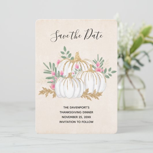 Thanksgiving witte en goudpompoenen Waterverf Save The Date (Staand voorkant)