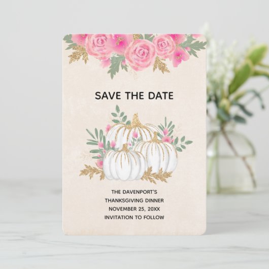 Thanksgiving witte en goudpompoenen Waterverf Save The Date (Staand voorkant)