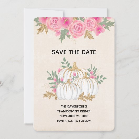 Thanksgiving witte en goudpompoenen Waterverf Save The Date (Voorkant)