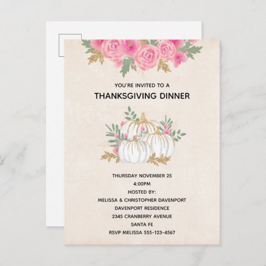 Thanksgiving witte en goudpompoenen Waterverf Uitnodiging Briefkaart (Voorkant / Achterkant)