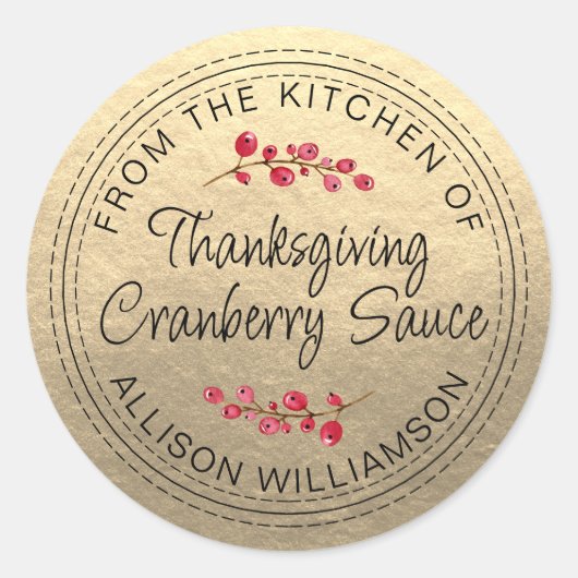 Thanksgiving Zelfgemaakte Cranberry Saus Gold Ronde Sticker (Voorkant)