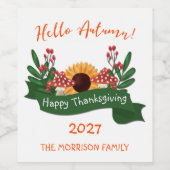 Thanksgiving, zonnebloem en paddenstoelen wijn etiket (Enkel label)