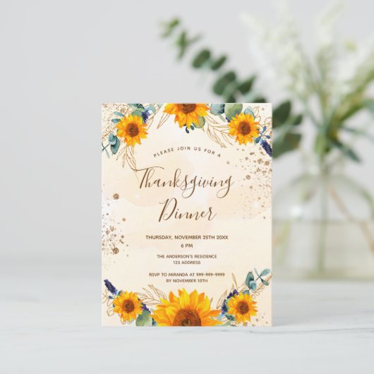 Thanksgiving zonnebloemen eucalyptusherfst uitnodiging briefkaart (Staand voorkant)