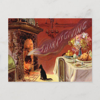 Thanksgiving zwarte katteFireplace Turkije Feestdagenkaart