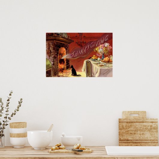 Thanksgiving zwarte katteFireplace Turkije Poster (Keuken)