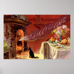 Thanksgiving zwarte katteFireplace Turkije Poster