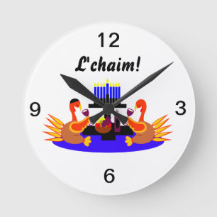 Thanksgivukkah Wine Toasting Turkeys Clock Ronde Klok