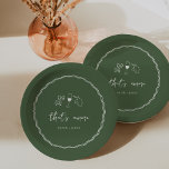 "That's Amore" Handgeschreven Vrijgezellenfeest Papieren Bordje<br><div class="desc">Dit prachtige Italiaans geïnspireerde vrijgezellenfeest ontwerp heeft handgeschreven stijl cursieve belettering geaccentueerd met een golvende krabbel lint rand in wit op een olijfgroene achtergrond. Met de hand getekende illustraties van boegvormige stropdassen pasta, wijn en een Siciliaanse citroen maken het ontwerp compleet voor een zomerse Amalfi Coast look. Deze elegante mediterrane...</div>