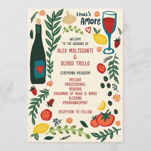 That's Amore Italian Food Charming CUSTOM Wedding  Programmakaart (Voorkant)