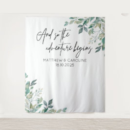 The adventure begins backdrop greenery wedding wandkleed