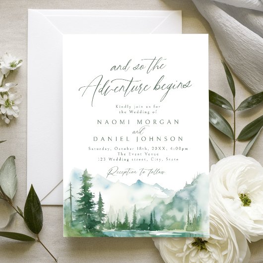 The Adventure Begins Mountain Rustic Wedding Kaart