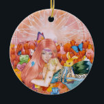 The Afternoon Keramisch Ornament<br><div class="desc">Everything is pink and warm tones from the background to the young lady hair,  pink sky,  pink tulips,  stufftoys and etc 
Art title: The Afternoon
Medium: Mix Media (watercolor,  acrylic,  and colored pencils on watercolor paper camvas)
Size: 12 x 18 inch
Date: January 19,  2022</div>