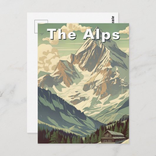The Alps Retro Travel Skiing Mountain Lodge Briefkaart (Voorkant / Achterkant)