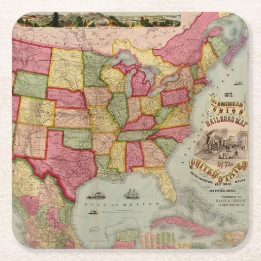 The American Union Railroad Map of the USA, 1872 Kartonnen Onderzetters (Voorkant)