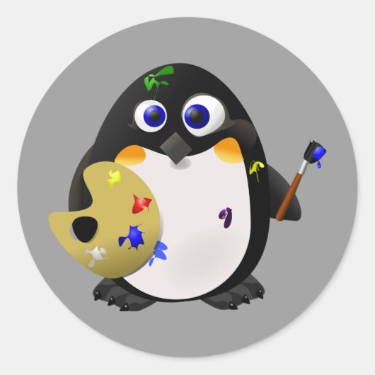 "The Artist" — Cute Painter Penguin Ronde Sticker (Voorkant)