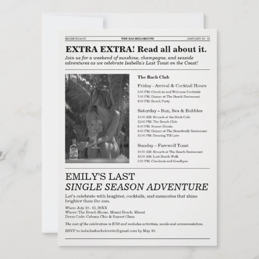 The Bachelorette Newspaper Last Toast On The Coast Kaart (Achterkant)