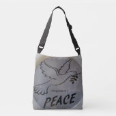 The bag features peace dove and scripture. crossbody tas (Voorkant)