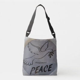 The bag features peace dove and scripture. crossbody tas