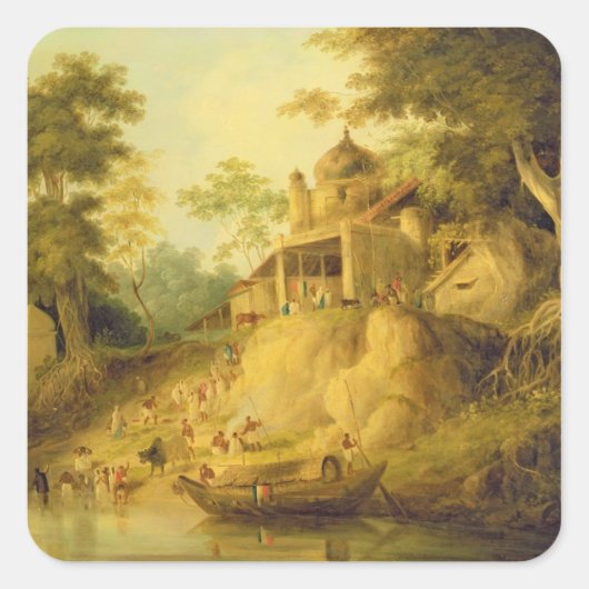The Banks of the Ganges, c.1820-30 (olie op canvas Vierkante Sticker (Voorkant)