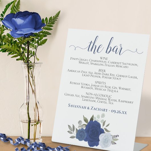 The Bar - Blue Boho Rozen Drinken Menu Trouwen Reclamebord Met Voetstuk
