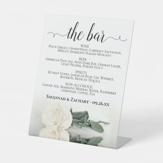 The Bar - Elegante witte roos Drinken Menu Bruilof Reclamebord Met Voetstuk (Voorkant)
