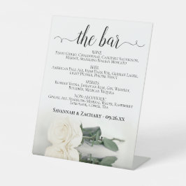 The Bar - Elegante witte roos Drinken Menu Bruilof Reclamebord Met Voetstuk
