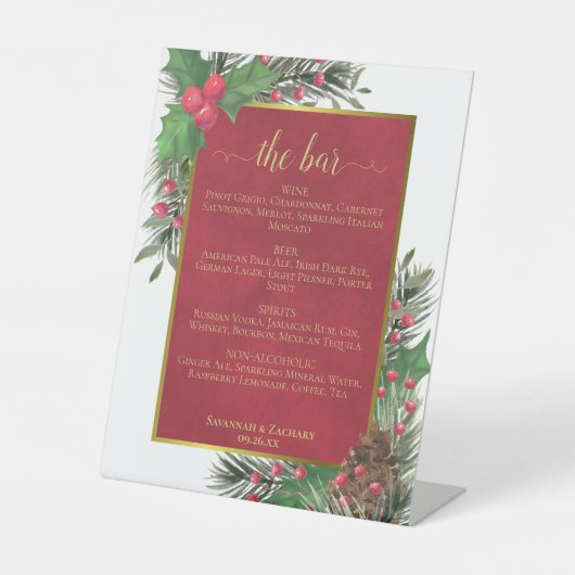 The Bar Holly & Pine Holiday Wedding Drinks Menu Reclamebord Met Voetstuk (Voorkant)