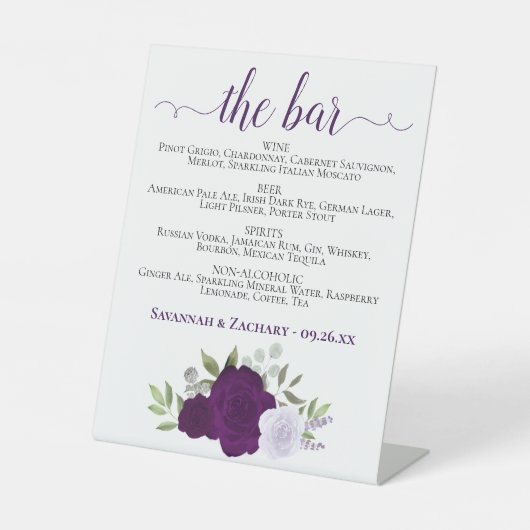 The Bar - Paarse Boho Rozen Drinken Menu Trouwen Reclamebord Met Voetstuk (Voorkant)
