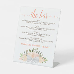 The Bar - Rustic Peach Bloemen Drinken Menu Trouwe Reclamebord Met Voetstuk