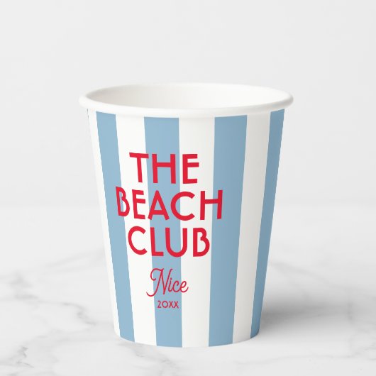 The Beach Club Franse rode blauwe Cabana Stripe Papieren Bekers (Voorkant)