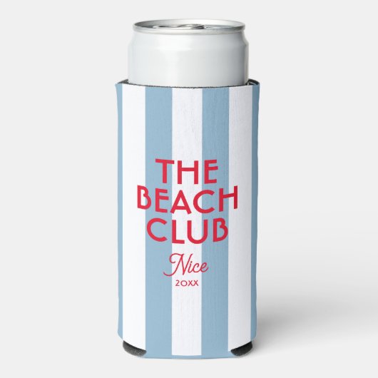 The Beach Club Franse rode blauwe Cabana Stripe Seltzer Blikjeskoeler (Seltzer Achterkant)