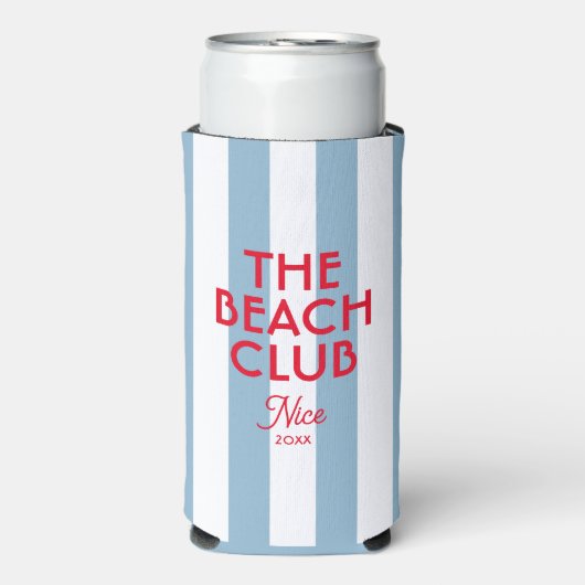 The Beach Club Franse rode blauwe Cabana Stripe Seltzer Blikjeskoeler (Seltzer Voorkant)