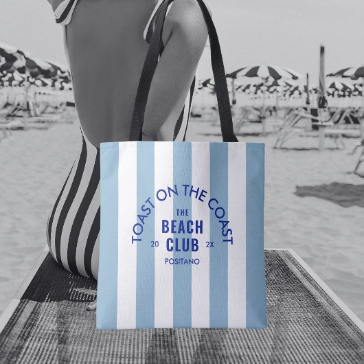 The Beach Club toast op de kust Blue Stripe Tote Bag