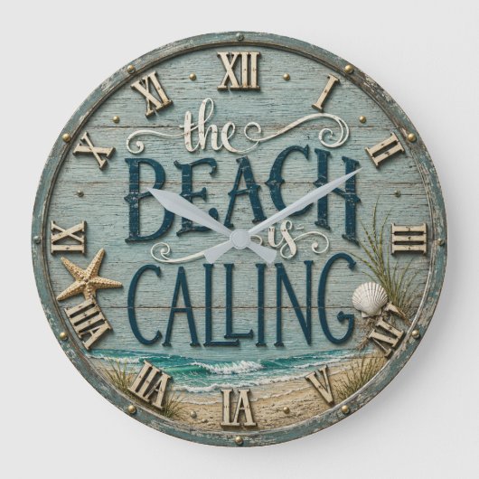 The Beach Is Calling Rustic Beach House Ocean Grote Klok (Voorkant)