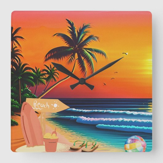 THE BEACH SUNSET VIERKANTE KLOK (Voorkant)